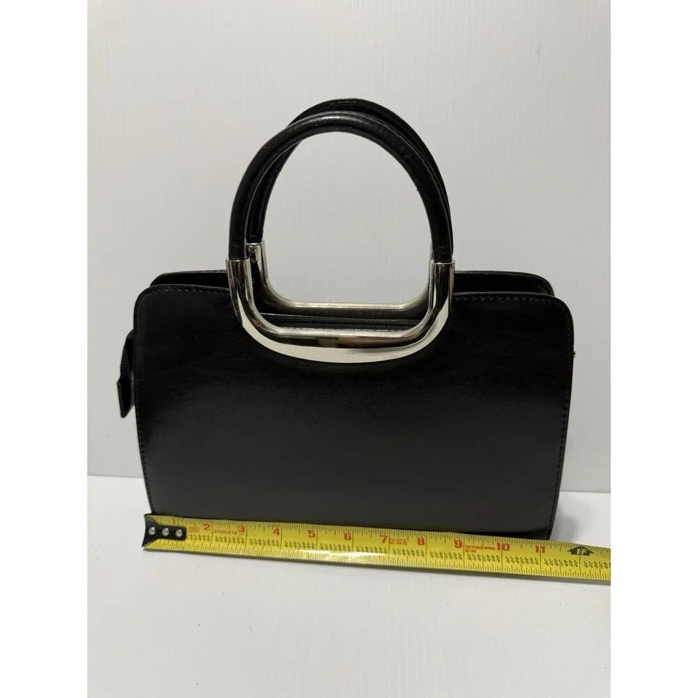 Black Faux Leather Metal Handle Handbag Purse With Removable Insert Vintage
